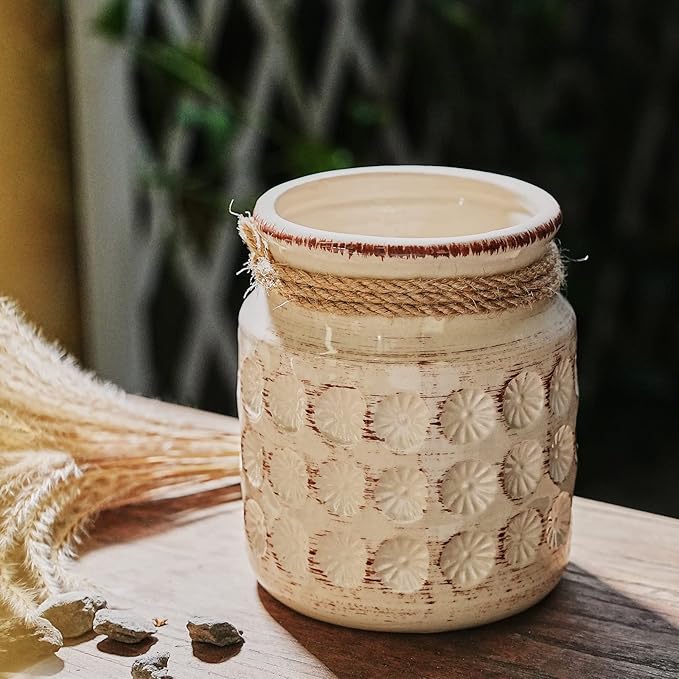 Ceramic Flower Vases for Home Decor Rustic Ideal Shelf Decor Table Décor, 6 Inch Ceramic White Vase for Flowers, Neutral Cream Vases for Mantel, Shelf, Living Room, Table Decoration, Beige