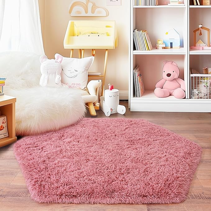 4x4.6 Feet Blush Hexagon Rugs for Princess Tent, Ultra Soft Fluffy Hexagon Area Rug for Bedroom, Cute Shag Rugs for Girls Room, Fuzzy Plush Carpet for Kids Room Tent Castle Home Decor