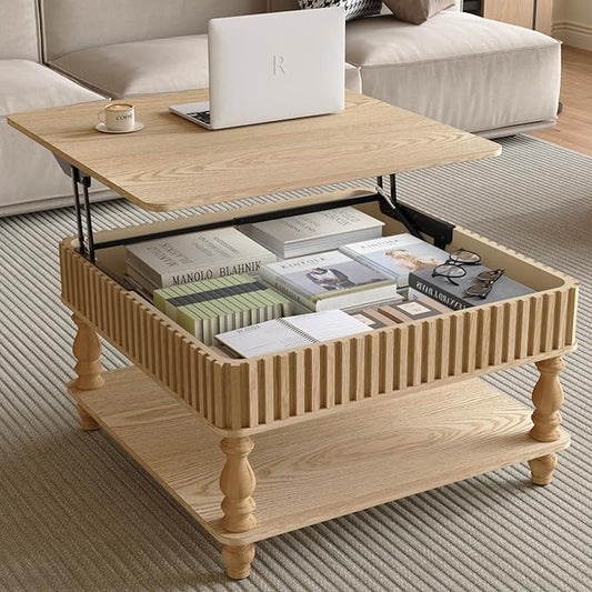 31.5" Lift Top Fluted Coffee Table with Hidden & Open Storage, Modern Square Wooden Center Table Cocktail Tea Table with Curved Safety Corners and Adjustable Height for Living Room, Natural