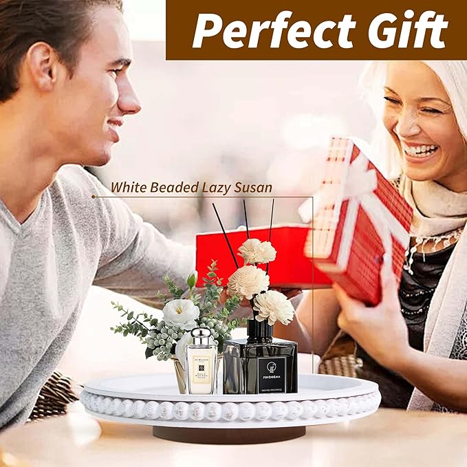 HPC Decor 12Inch Beaded Lazy Susan- Wooden Lazy Susan Organizer for Farmhouse Table Decor, Round Turntable for Table Cabinet,Countertop- Kitchen Turntable 360 Degrees Rotating Table Spinning Tray.