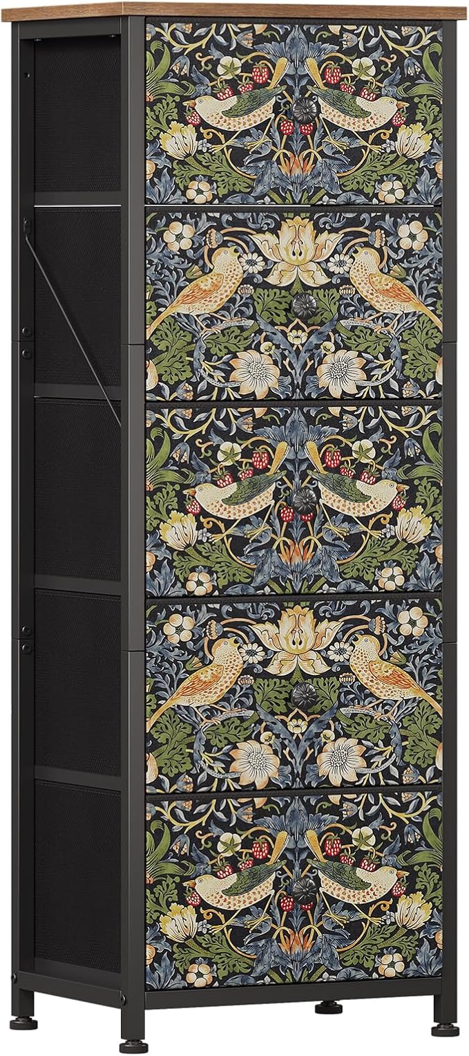 Dresser with 5 Fabric Drawers Strawberry Thief Drawer Dresser for Bedroom Vintage Nightstand Dressers & Chests of Drawer for Halfway Entryway Living Room Sturdy Steel Frame Wood Top, Brown