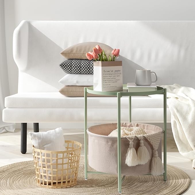 danpinera Round Side Table with Fabric Storage Basket, Metal Side Table Small Bedside Nightstand with Removable Tray Top for Living Room, Bedroom, Nursery, Laundry, Light Green