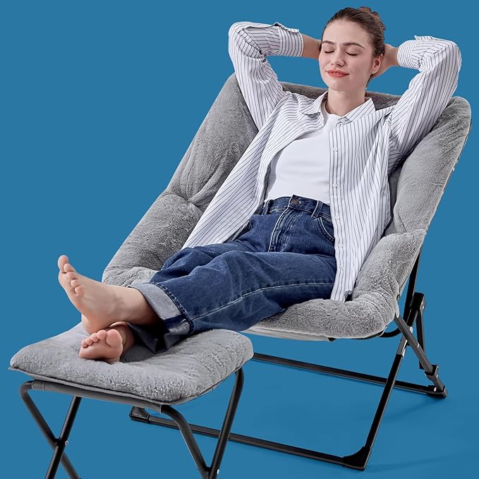 OAKHAM Comfy Chair for Adults, Soft Faux Fur Folding Lounge for Bedroom Living Room Dorm Rooms Flexible Reading Chair for Teens Kids, X-Large Foldable (Ottoman-Grey)