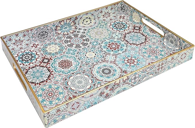 Spsyrine Decorative Serving Tray with Handles, Lacquered Coffee Table Tray for Ottoman, Rectangular Waterproof Platters for Centerpieces, Parties, Living Room, Kitchen Counter Organization SP3040RE2