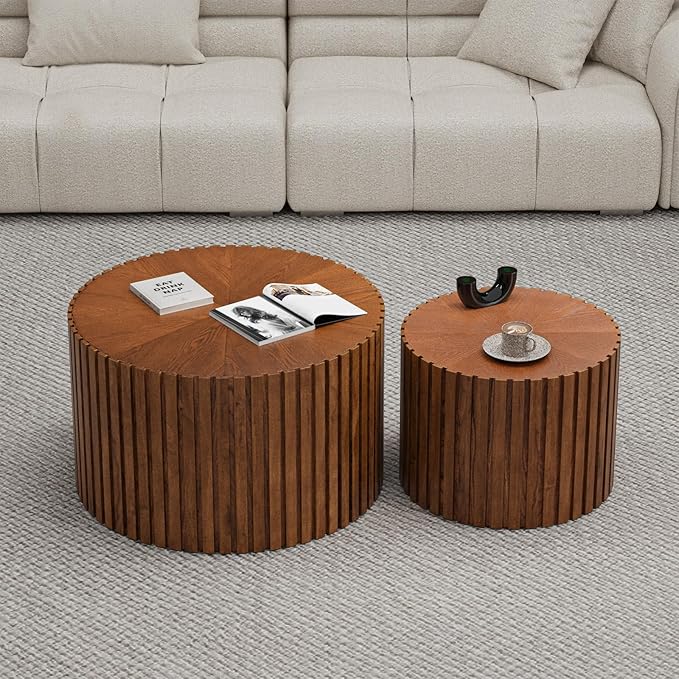 Round Nesting Coffee Table Set of 2 Handcraft Circle Fluted Nesting Coffee Tables Circular Side Table Drum Accent End Tables for Living Room Bedroom (Brown Large)
