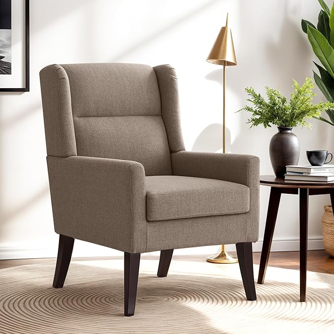 High Back Accent Chair, Fabric Living Room Chairs, Comfy Upholstered Armchair with Wooden Legs for Living Room, Bedroom, Apartment (1, Brown)