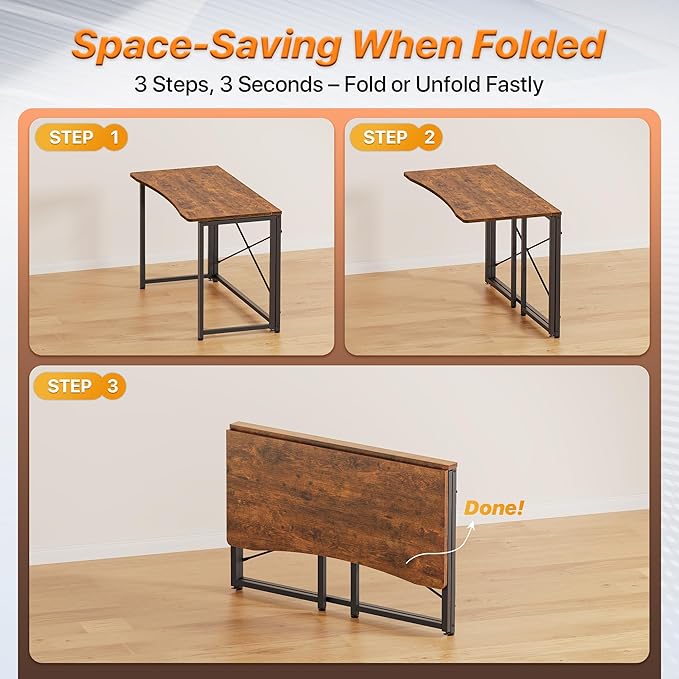 Huuger Folding Desk for Small Spaces, 39.3 Inch Foldable Computer Table, for Home Office, Study, Bedroom, Dorm, Space Saving, Small Writing Work Office Computer Desk, Easy to Fold, Rustic Brown