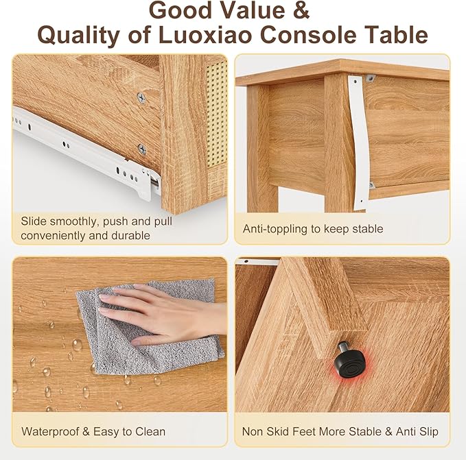 Luoxiao Rattan Console Table Boho Entryway Table with 3 Drawers Storage, Narrow Long Behind Couch Sofa Table for Living Room Side Table Entry Way Table Entrance Hallway Foyer, Natural, 47 Inch