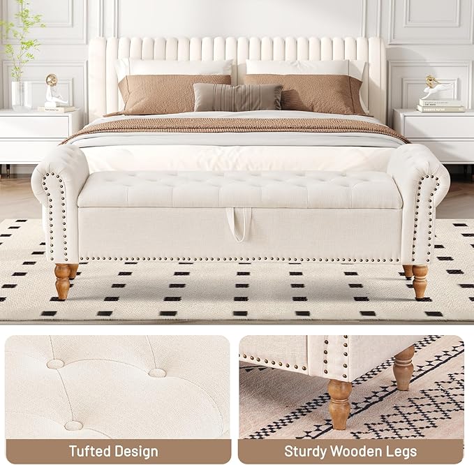 Furniliving 63” End of Bed Bench, Bedroom Bench with Button-Tufted, Large Upholstered Storage Ottoman Benches Entryway Bench with Storage Shoe Cabinet Bench, for Bedroom, Living Room, Linen, Beige