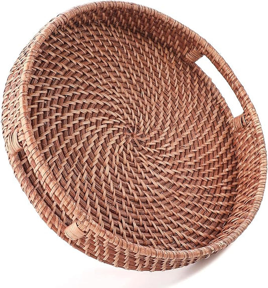 HITOMEN 11.8" Hand-Woven Round Rattan Serving Tray Decorative Wicker Trays with Handles for Coffee Table (Honey Brown-M)