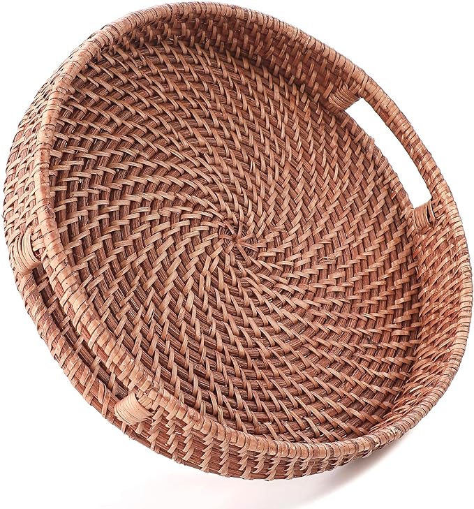 HITOMEN 14.2" Hand-Woven Round Rattan Serving Tray Decorative Ottoman Wicker Platter with Handles for Coffee Table, Breakfast, Drinks, Snack, Bread, Fruit, Vegetables (Honey Brown-L)