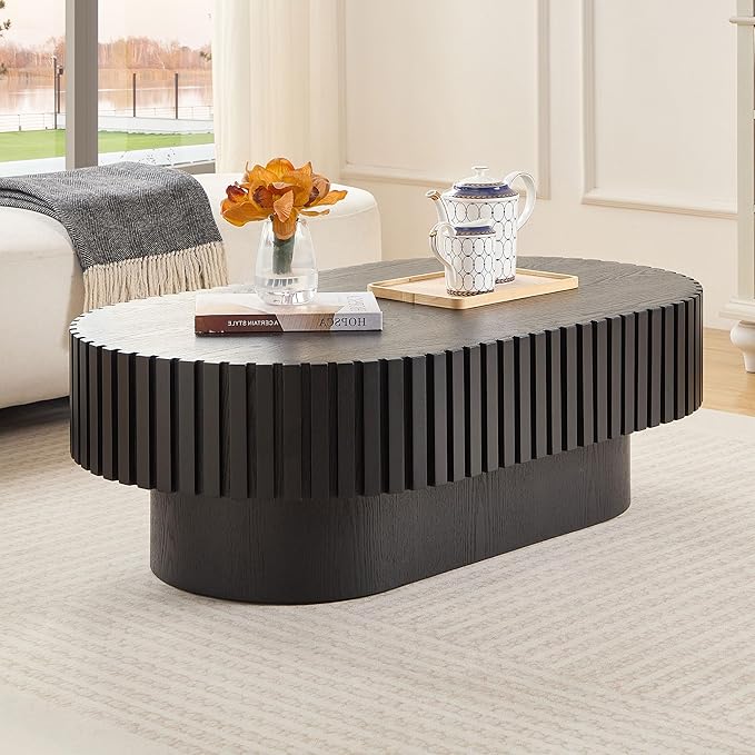 43.7'' Round Coffee Table for Living Room, Oval Coffee Table Modern Handcraft Drum Coffee Table Center Table Wood Small Coffee Table Side Table End Table with Sturdy Pedestal for Apartment,Black