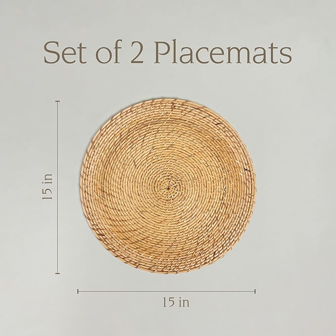 Over&Back Set of 2 Natural Rattan Round Placemats - Hand-Made Dining Table Charger/Mat - Made with Natural Fibers - Kitchen and Home Decor - 15" Diameter - Brown