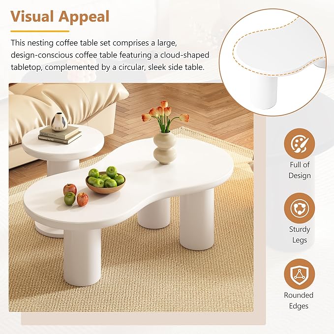 GDFStudio 39.3'' Nesting Coffee Table Set of 2,Cloud-Shaped & Round Side Tables, Minimalist Irregular Center Table with Sturdy Legs for Living Room,Easy Assembly,White