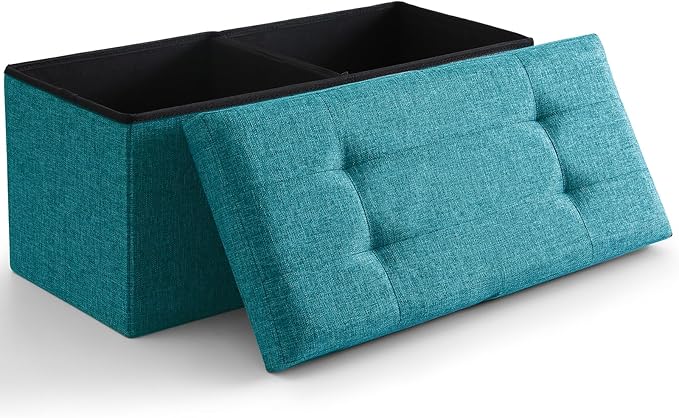 CUYOCA Storage Ottoman Bench Foldable Seat Footrest Shoe Bench End of Bed Storage with Flipping Lid, 75L Storage Space, 30 inches Linen Fabric Teal Blue