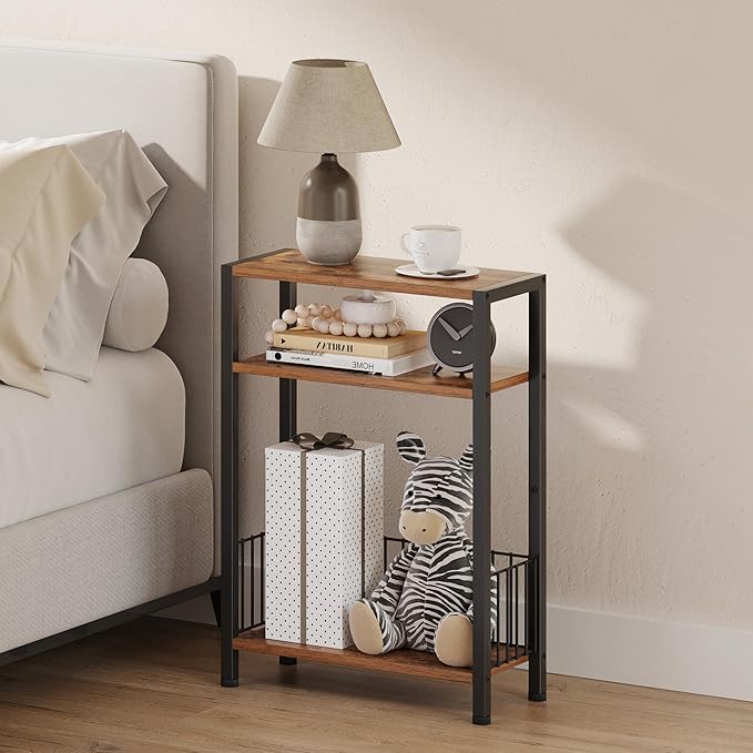 Narrow Side Table with Storage Basket, Small End Table for Small Spaces, Slim Sofa Table for Living Room, 3 Tier Bedside Table for Bedroom, Rustic Brown