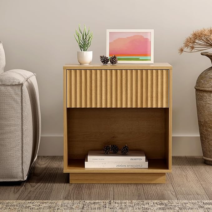 Fluted End Table with Drawer Set of 2, Modern Wooden Nightstand Bed Side Table with Storage Shelf Bedside Night Stand for Bedroom Living Room Sofa, Natural Oak
