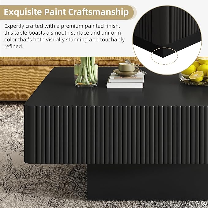 31.6" Square Wood Coffee Table Modern Black Fluted Coffee Tables for Living Room Drum Coffee Table with Sturdy Pedesta Circular Center Table for Apartment Living Room,Easy Assembly