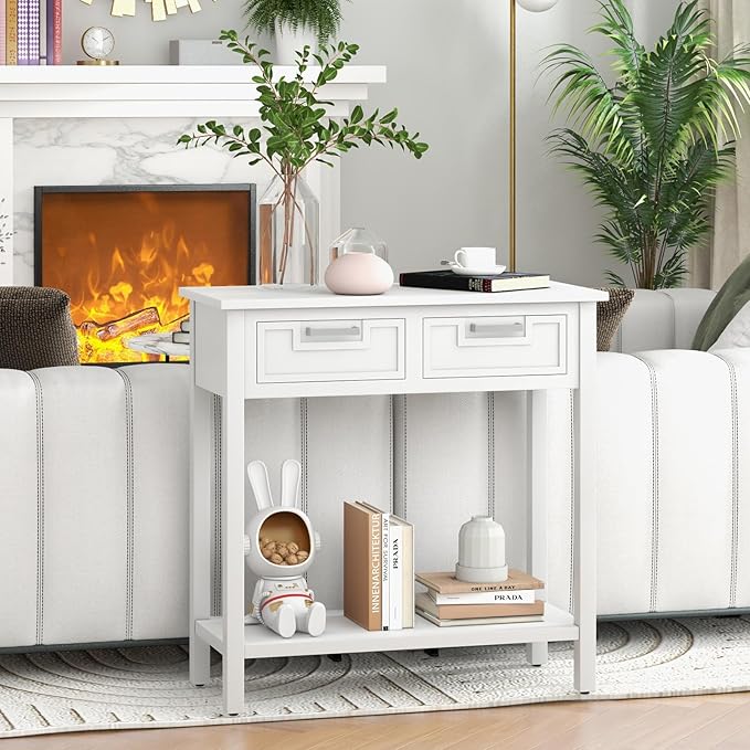 KOTEK Console Table with 2 Drawers & Shelf, Narrow Sofa Table with Rubber Wood Legs, Small Entryway Table for Living Room, Hallway, Office (White)