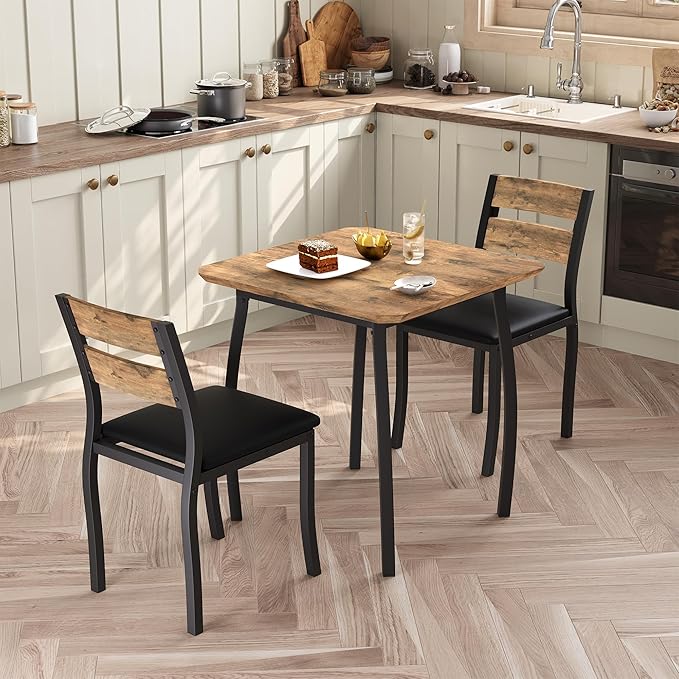 Small Dining Table Set for 2,3-Piece Kitchen Table Set with Thick Wood Grain Tabletop & 2 Upholstered Chairs & Metal Frame, Compact Table Set for Small Spaces, Kitchens & Dining Rooms (Brown)