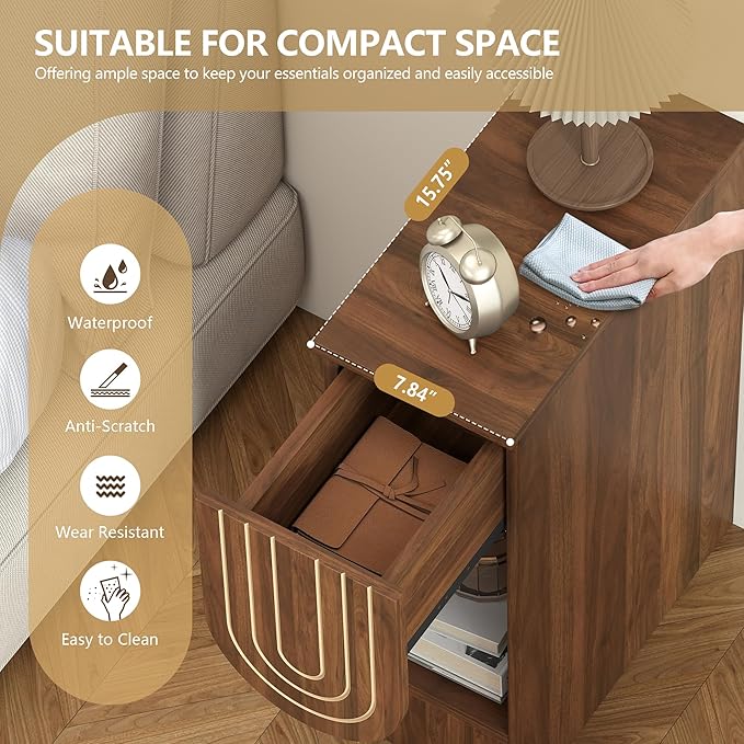 Narrow Nightstand, Mid-Century Modern Bedside Table with Carved Drawer and Storage Shelf, Slim Side End Table for Bedroom Small Space, Wooden Farmhouse Night Stand (1, Walnut)