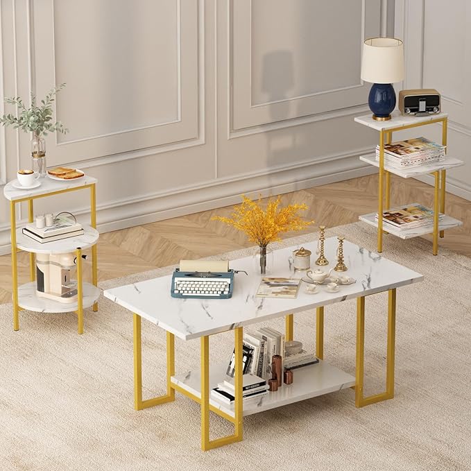 AWQM Faux Marble Table Set, Coffee Table & 2 Side Table, Faux Marble Tabletop and Metal Frame, 3 Piece Table Sets, for Living Room Apartment, White & Gold