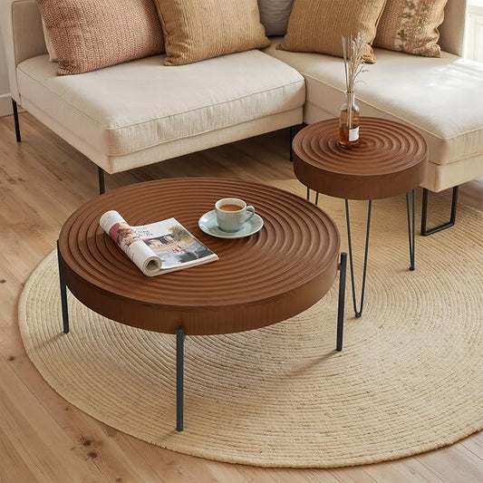 2 Piece Modern Farmhouse Living Room Coffee Table Set, Nesting Table Round Natural Finish with Handcrafted Wood Ring Motif, Walnut Colour