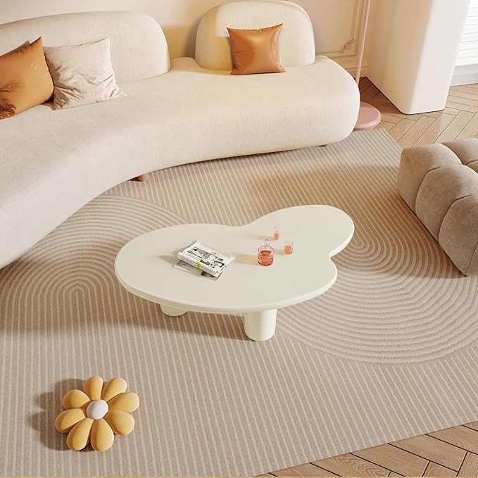 42.24" Cloud Shaped Coffee Table, Unique Style Center Table, Small End Table, Modern Irregular Coffee Table with 3 Legs for Small Space, Living Room, Easy Assembly, Cream White