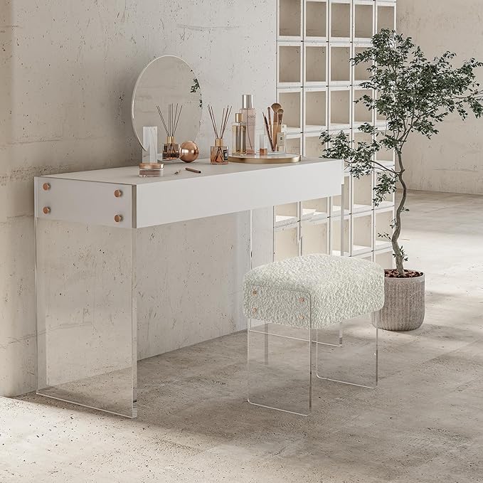 Vanity Stool Chair and Pouf Ottoman-Modern Multifunctional Vanity Stool and Foot Rest with Wool and Acrylic Leg for Makeup Room, Living Room, Bedroom