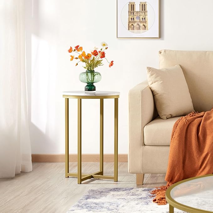 Yaheetech Round End Table Set of 2,16in Faux Marble Accent Table,Modern Side Table with Marble Top and Metal Frame,Small Coffee Table Telephone Table for Living Room/Small Space,Gold