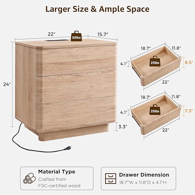 ACCOHOHO 22" Modern Nightstand Set of 2 with Charging Station, Push-to-Open 3 Drawers Bedside Table, Large End Table with Storage, Night Stand for Bedroom, Living Room, Curved Profile, Natural Oak