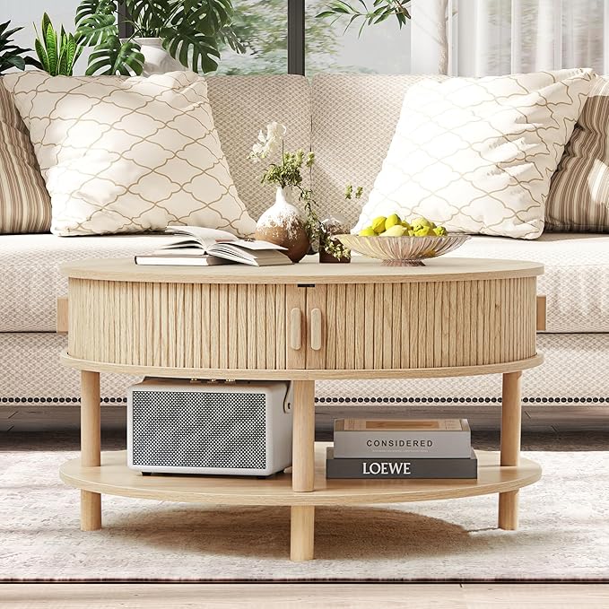 RARZOE 31.5" Round Coffee Table with Storage, Wood Circle Coffee Table with Sliding Cabinet Doors, Fluted Dining Table Accent Center Table for Living Room Home Office Apartment, Natural