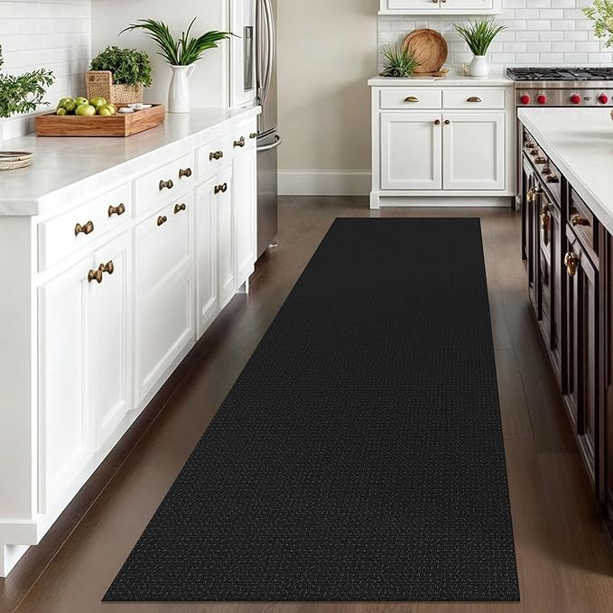 IOHOUZE Washable Runner Rug 3x10 Non Slip Rubber Backed Long Hallway Runner Entryway Runner Indoor, Kitchen Rugs Woven Cotton Floor Carpet for Hall Entrance, Black/Grey