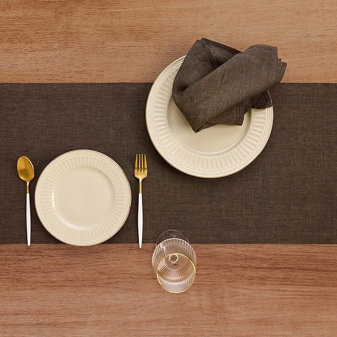 Solino Home Linen Table Runner 48 Inches - 100% Pure Linen Chambray Brown Table Runner 14 x 48 Inch Ideal for Dresser and Coffee Tables - Fall, Autumn, Thanksgiving - Athena