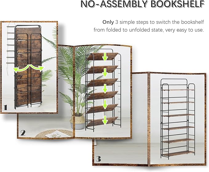 4NM No Assembly Folding Bookshelf, 6 Tiers Collapsible Book Shelves Open Industrial Foldable Storage Bookcase Shelf for Bedroom, Living Room, Home Office - Rustic Brown and Black