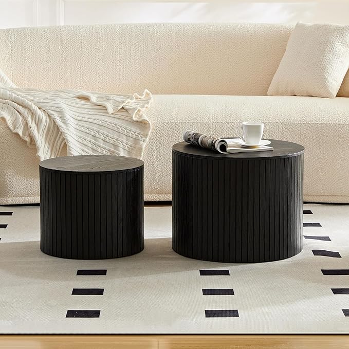 KEVINSPACE Small Coffee Table Nesting End Table Set of 2, Round Coffee Table with Storage Function Wood Side Table Circle Accent Tables for Small Spaces Living Room Bedroom Balcony Office Black