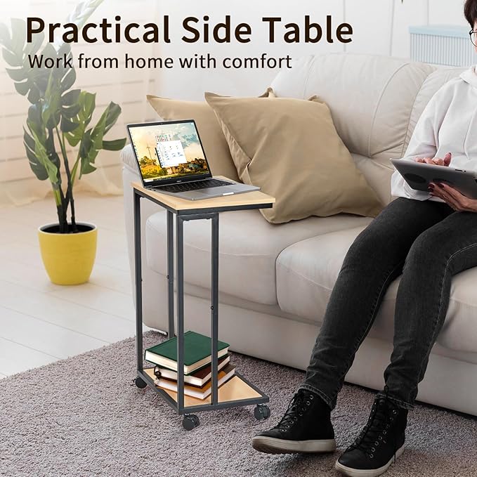C-Shaped End Table for Couch, Slide Under Sofa Snack Table, Small TV Tray, C Table with Wheels, Laptop Desk for Living Room, Bedroom, Small Spaces,White Maple