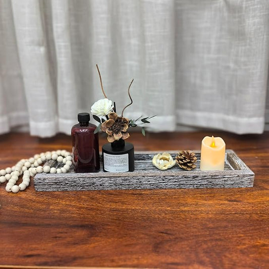 Rustic Decorative Wooden Candle Holder 16.93 Inch Rectangular Wooden Tray Vintage Candle Display Tray for Farmhouse Coffee Table Serving Fruits Snacks Pastries Home Decor (Wash White with Water)