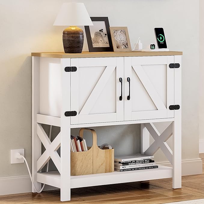 IRONCK Farmhouse Console Table with Storage Cabinet, Entryway Table with Shelf, Coffee Bar with Power Outlets for Hallway Kitchen Living Room, White