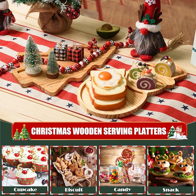 AWIZOM 2 Pcs Christmas Wooden Serving Platters Christmas Tree and Snowman Charcuterie Boards Xmas Wood Trays Decorative Wooden Snack Cheese Dish Plate for Winter Holiday Housewarming Present