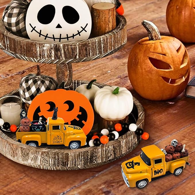 Halloween Decorations Indoor Vintage Metal Truck with Mini Fake Skulls and Pumpkins Cute Ghost Decor Scary Farmhouse Halloween Centerpieces for Table Home Mantel Pumpkin Tiered Tray Decor Party Gift