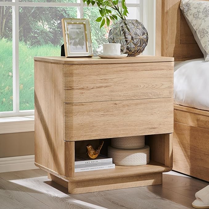 ACCOHOHO Nightstand with Charging Station, 22" Push-to-Open Bedside Table with 2 Storage Drawers, Large Modern End Table for Bedroom,Living Room,Natural Oak