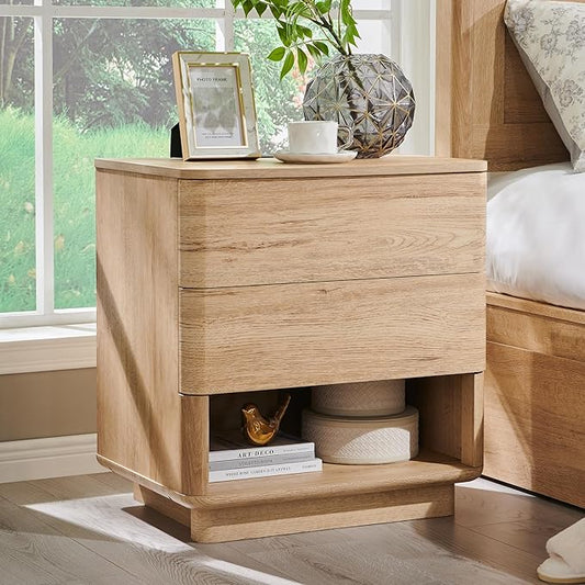 ACCOHOHO Nightstand with Charging Station, 22" Push-to-Open Bedside Table with 2 Storage Drawers, Large Modern End Table for Bedroom,Living Room,Natural Oak