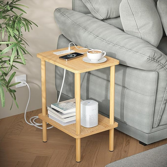 Apicizon 2 Tier End Table, Small Side Table with Charging Station, Boho Bedside Table with USB Ports and Outlets, Nightstand for Small Spaces, Bedroom, Living Room, Entryway, Easy Assembly, Natural