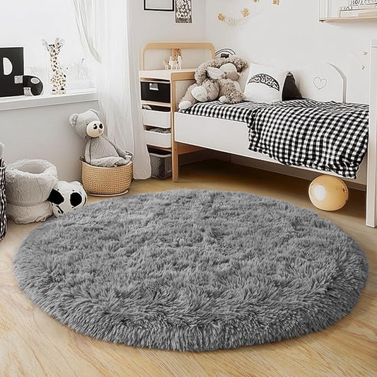 3'x3' Grey Round Rug for Bedroom, Ultra Soft Fluffy Circle Rug for Kids Girls Boys Room, Cute Small Shag Rugs for Living Room Playroom Teen Room Home Decor Rug