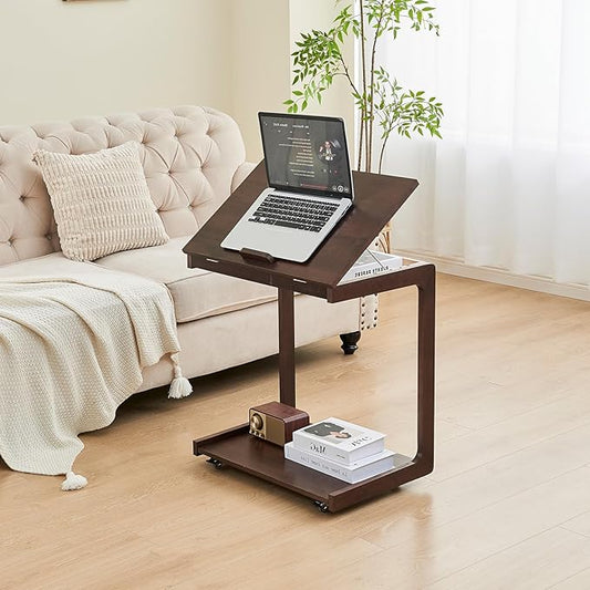 C Shaped Rolling End Table with Wheels - Solid Wood Side Table for Couch, Wooden Modern Tv Tray Bedside Tables for Sofa Armchair Living Room Bedroom, Brown, 15.4 in x 23.6 in x 24.8 in