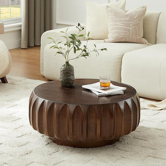 WILLIAMSPACE 31.5" Round Coffee Table with Elegant Sculptural Design, Solid Wood Carved Center Drum Coffee Table Circle End Side Table with Sturdy Base, Walnut
