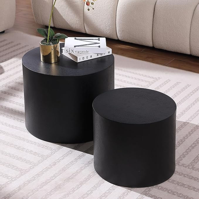 Small Coffee Table Nesting End Table Set of 2, Round Coffee Table Wood Side Table Circle Accent Tables for Small Spaces Living Room Bedroom Balcony Office, Black