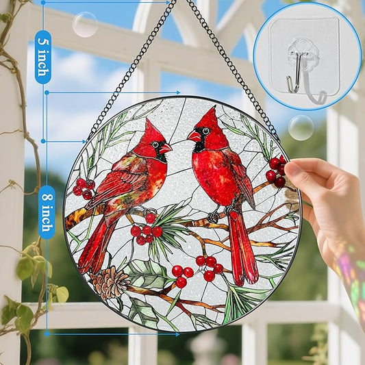Cardinal Stained Glass Window Hanging, 8 Inch Sun Catchers Indoor Window, Suncatchers for Windows Hanging, Home Decor and Christmas, Festival, Mother's Day, Birthday, Cardinal Gifts for Women, Men