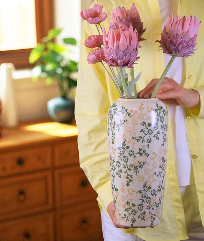 11.5" Hand-Painted Ceramic Large Vase – Green Botanicals & Yellow Florals, Crackle Glaze & Antique Patina Rim, Chinese-Inspired Artistry
